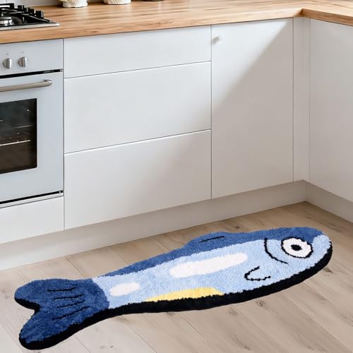 Fish Rug - Cute Fish Bath Mat Blue Bathroom Rugs Animal Pattern Fun Carpet, Non-Slip Plush Absorbent Bath Mats, Cool Carpet for Bedroom Living Room Shower Sink Bathtub Room Decor, 16"x 47"
