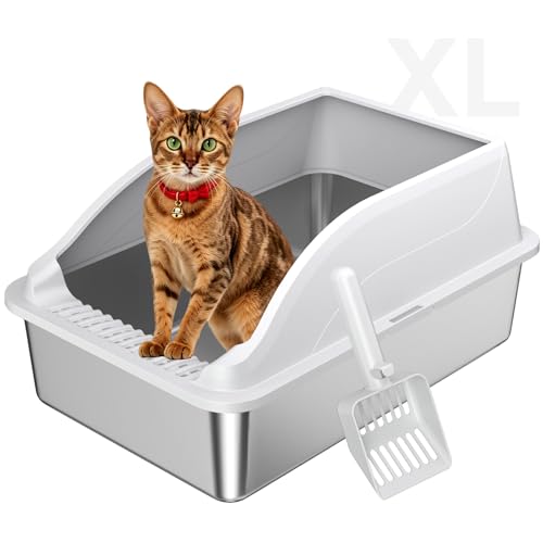 Stainless Steel Cat Litter Box, Extra Large XL Odor Free Metal Litter Box with High Sides Lid, Open Top Litter Pan Include Scoop Easy Cleaning Kitty Cat Box Anti-Urine Leakage, Non-Sticky - color: Light Grey XL