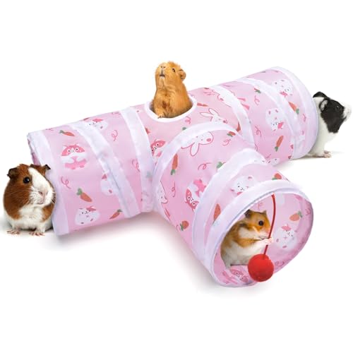 Bissap Guinea Pig Tunnel, Collapsible Hamster Tunnel and Tube 3 Ways Pet Hideout with 1 Play Ball for Indoor Guinea Pig Chinchilla Hamster Rat Small Animal Activity Fun Toys (Pink) - color: Pink, size: Small