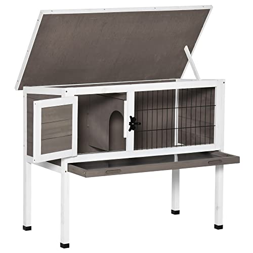 PawHut Elevated Wooden Rabbit Hutch Indoor/Outdoor for Guinea Pig Brown | Bunny Cage, Hinged Asphalt Roof, Removable Tray - color: Brown