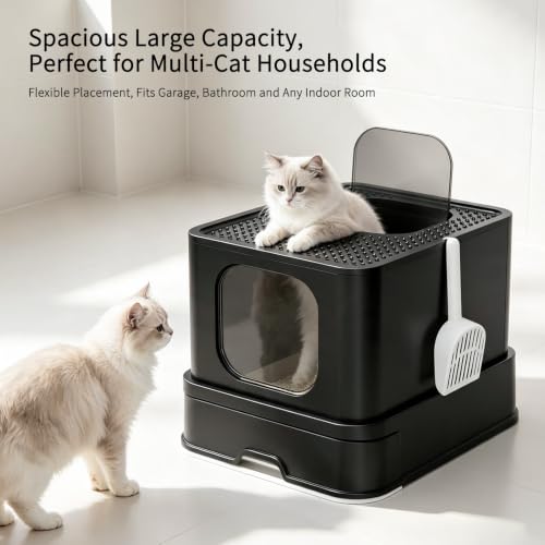 RIZZARI Stainless Steel Cat Litter: Covered, Top-Front Entry, Easy Clean | High Splash Sides / Leak-Proof Seal / Non-Stick Coating / Odor Control / Sifting Drawer / Garage-Bathroom Fit - color: Deep Black