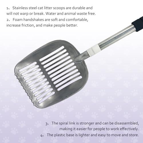 PINVNBY Cat Litter Scooper, Long Handle Litter Sifter Scoop with Litter Scoop Holder Stainless Steel Kitten Scooper Deep Kitty Litter Scooper with Box Metal Detachable Sifting Litter Shovel Set - color: Silver