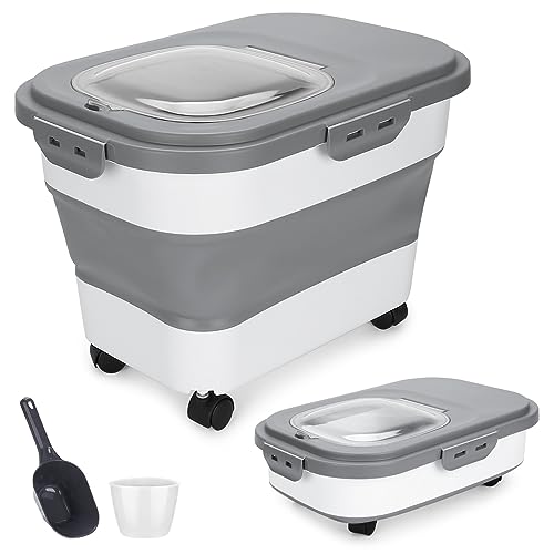 Dog Food Storage Container 17 lb, Airtight Pet Food Storage Containers with Wheels & Removable Sealed Lid, Collapsible Cat Food Containers Dry Food with Scoop and Measuring Cups - color: Gray & White