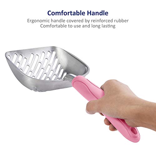 Cat Litter Scoop, Aluminum Alloy Sifter, Kitty Metal Scooper, Deep Shovel with Diagonal Sifting Hole, Long Handle, Kitten Poop Lifter for Litter Box, Large Size, Pink Handle - color: #10 Pink, size: Large
