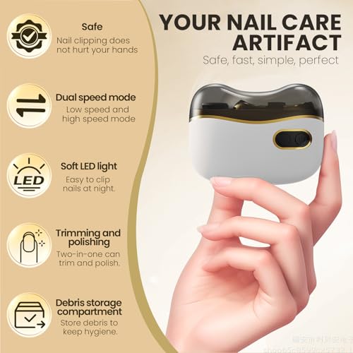 Electric Nail Clipper, Electric Automatic Nail Clippers with Light Nail Trimmer 2 Speeds Automatic Nail Clipper Storage Compartment with Debris, for Adults, the Elderly, and Children(White) - color: White
