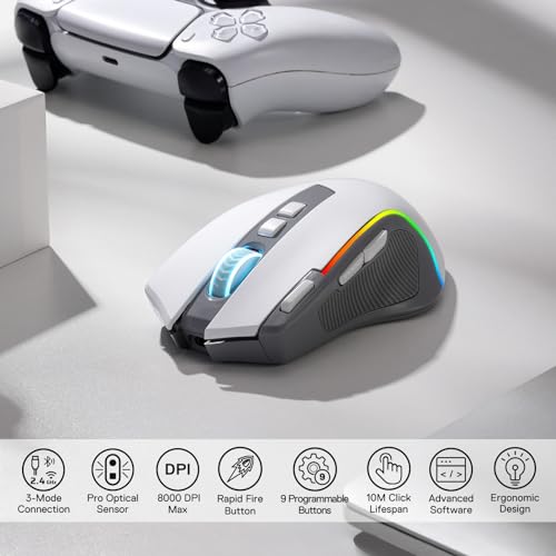 Redragon M612 Wireless RGB Optical Gaming Mouse 8000 DPI Remapping Keys | Cable-Free 0 Delay, Redefine Keybinding Macro, Vibing Backlight, Ergonomic Grip Body Comfort - color: Gray, style: Wireless