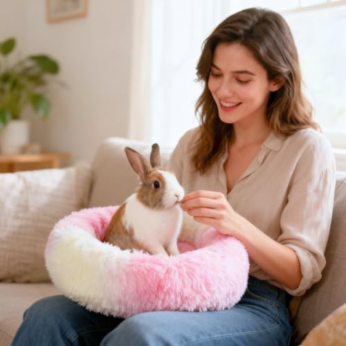 Rabbit Bed, Long Plush Donut Shaped Washable Bunny Hideout Soft Pet Bedding Mat for Guinea Pig, Kitten, Chihuahua & Small Pets for Snuggling Resting - Rainbow - color: Rainbow
