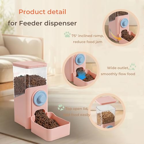 41 oz Hanging Gravity Feeder for Small Animals, Rabbits & Guinea Pigs | Adjustable Cage Height | No-Open-Cage Refill | Space-Saving | Clear Reservoir | Versatile Food Compatibility - color: Pink