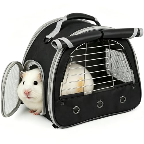 Portable Small Animal Carrier Bag with Metal Fence for Great Ventilation, Pet Travel Carrier Cage for Guinea Pigs Hamster Rabbit Bunny Squirrel Tortoise Sugar Glider - color: Black