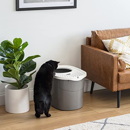 IRIS USA Large Top Entry Cat Litter Box, Hooded Privacy, Gray/White | Multi-Cat Households, Dog Proof Pan, Protected Interior, Enclosed Top Access, Reduced Tracking, Odor Trapping - color: Gray w/ Scoop