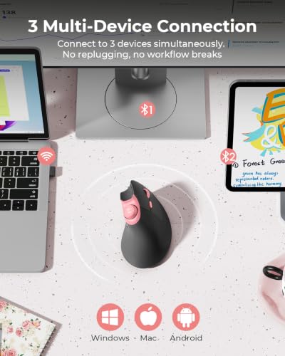 seenda MOU-302 Wireless Bluetooth Ergonomic Vertical Mouse with Volume Knob | Rechargeable 3-device mice for small/medium hands with quiet clicks, 1000/1600/2400 DPI for PC, laptop, MacBook, Black Pink - color: Black Pink