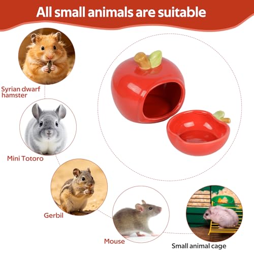 Ceramic Hamster Hideout & Food Bowl Set, Red | Apple-Shaped, Chew-Proof Sleeping Cave, Cooling Shelter Function, 2.9-inch Entrance, For Syrian Dwarf Hamsters, Mice - color: Red