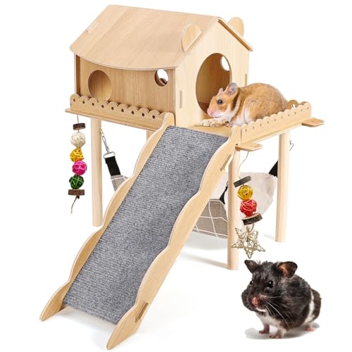 3-in-1 Guinea Pig Hideout, Large Wooden Guinea Pig House | with Stairs, Hammock, Mat, and Chew Toys, Suitable for Small Rabbits, Guinea Pigs, Hamsters, and Other Rodents