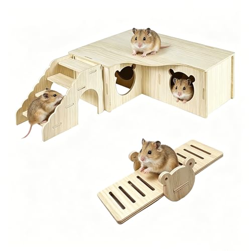 3-Piece Wooden Hamster Platform Set House & Ladder & Seesaw | Hamster Hideout Multi-Chamber Hamster House Maze Tunnel Rat Cage Platform Stand Boards Habitats Decor Accessories for Mice B - color: M