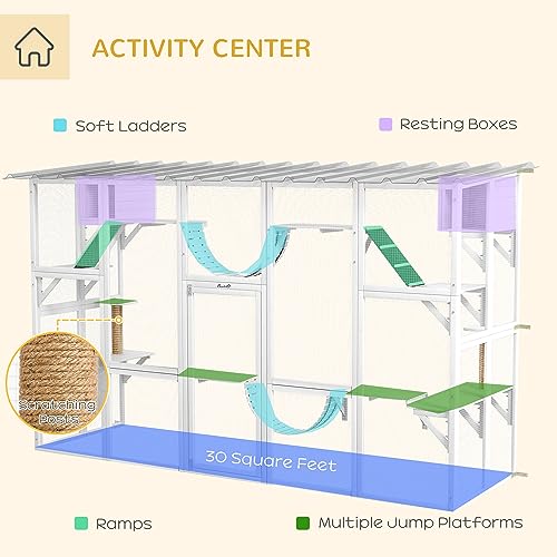 PawHut Catio Outdoor Cat Enclosure Window, 118" x 37.5" x 74", White | Outdoor Cat House, Weather Protection Roof, for Multiple Kitties, Wooden Frame, Shelves & Bridges - color: White