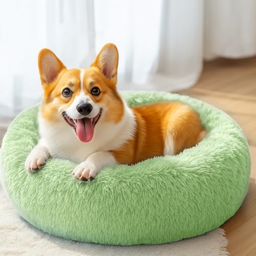 28in Large Dog Bed, Medium Size Dog and Cats, Calming Donut Bed for Puppy and Kitten, Washable Round Fluffy Pet Bed (Green) - color: Green, size: 28.0"L x 28.0"W x 8.0"Th