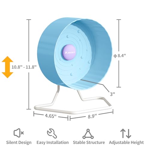8.4" Silent Hamster Wheel, Non-Slip Track, Exercise, Release Stress, Relieve Anxiety, Adjustable Height Stand, for Syrian Dwarf Hamster, Gerbil, Mice, Other Small Medium Sized Pets, Blue