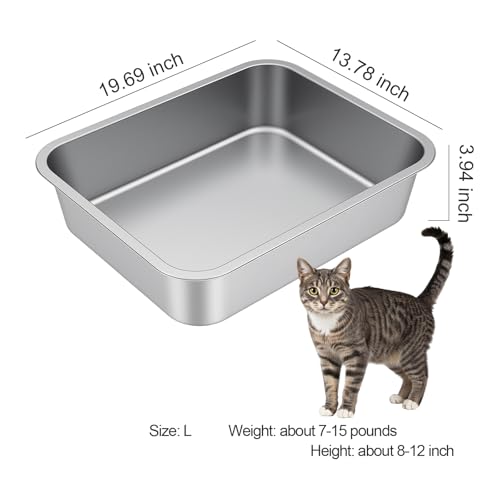 Large High Sided Stainless Steel Cat Litter Box | Sturdy Metal, Odor-free, Cat Litter Non-stick and Easy to Clean, Ideal for Indoor Cats, Kittens and Multicat Houses - size: 19.69"L x 13.78"W x 3.94"H