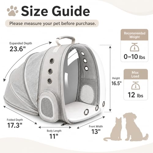 Expandable Cat Carrier Backpack with Bubble Window, Grey | Breathable mesh, anti-collapse frame, side door, safety leash and escape-resistant zippers for vet visits and outdoor travel. - color: Grey