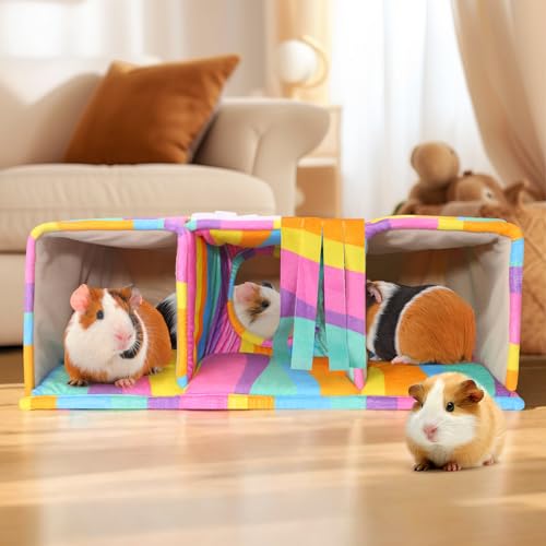 Guinea Pig Hideout with Tunnels, Toys & Cozy House - Soft Large Bed for Small Pets - Rainbow - color: Rainbow