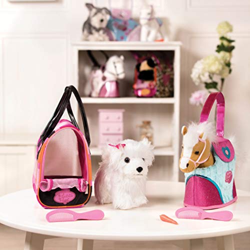 Pucci Pups Plush Puppy Carrier Set, Bichon Frise Polka Dot Bag, Pet | 3-piece stuffed animal set with plush Bichon Frise, pink polka dot carrier bag, comb, and mesh zip front, Pet, 2+ Years - style: Bichon Frisé & Hot Pink Bag