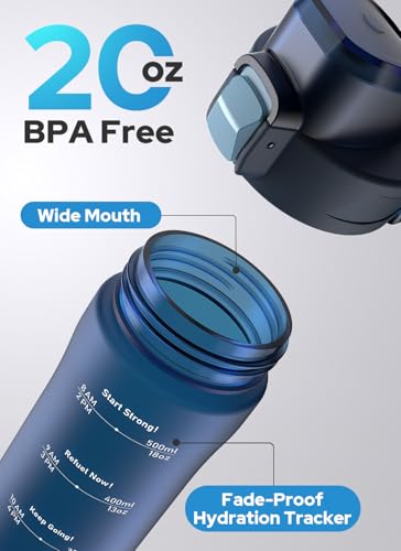 Opard Zip 20oz Plastic Water Bottle Dishwasher Safe, Leakproof Flip-Top Lid, BPA Free Tritan, Wide Mouth Reusable Kids Water Bottle for School Hiking Commuting Outdoor Travel and Gym - color: Midnight Blue, style: 20 oz - Fast Flow