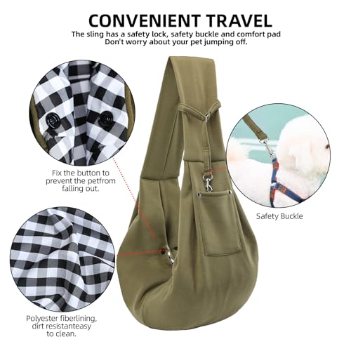 ARZQUT Dog and Cats Carrier Sling, Small Pet Carrier with Storage Pocket | Reversible Puppy Sling Carrier, Safety Buckle, Storage bag, Machine Washable for Travel, Outdoor Activitie, Hand-Free, Green - color: Green