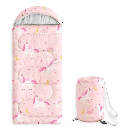 Wake In Cloud - Kids Sleeping Bag for Girls Toddlers, Camping in Warm Cold Weather, Backpacking Lightweight Compact Outdoor Liner for 3 Seasons, Celestial Unicorns