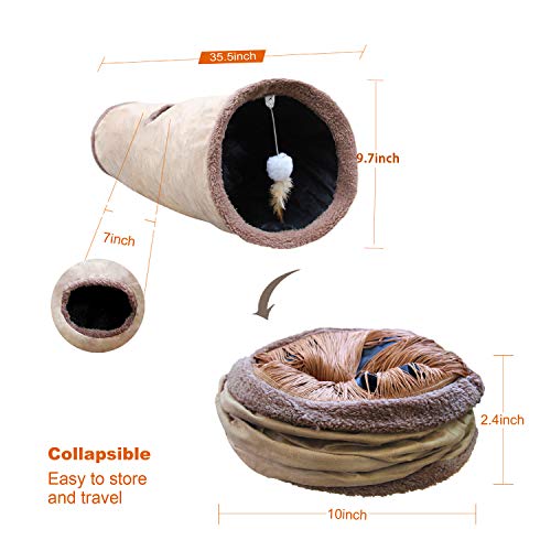 Collapsible Cat Tunnel Pet Play Tube Crinkle Tunnel with Cat Toys，Length 35" Diameter 9.7" - color: Brown, size: 35 inch