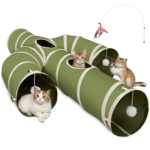Ownpets Cactus Cat Tunnel 12" with Peek Holes for Indoor Large Cat, Green | Durable Oxford fabric, noise-free, foldable & connectable, multi-cat friendly, tube for cats up to 20lb, includes ball & wand - size: 12 Inches in Diameter