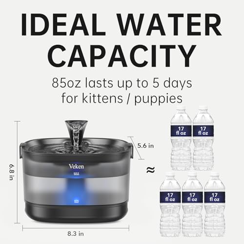 Veken 85oz/2.5L Cat Water Fountain with Detachable Tank & Secure Clips | Easy to Clean & Assemble, Quiet Operation & LED Light, Pet Drinking Dispenser, Gifts, Cats, Dogs and Small Pets, Black - color: Black