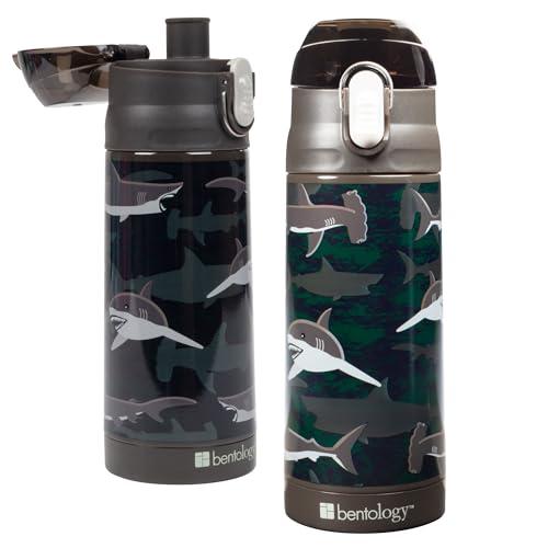 Bentology Stainless Steel 13 Oz Reusable Water Bottle for Kids, Shark | Double Wall Insulated, Spill Proof Lid W/Built-in Straw- Keep Liquids Hot or Cold- Easily Fits in Lunch Boxes & Bags - color: Shark