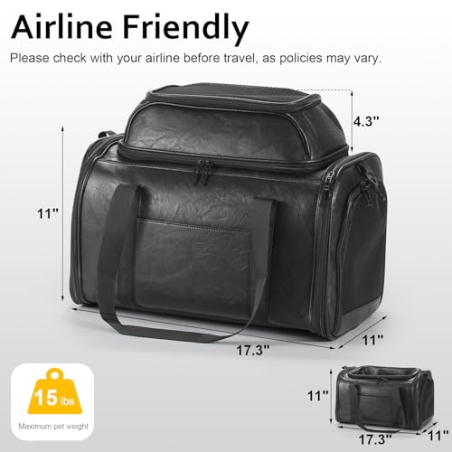 Premium Leather Top Expandable Pet Carrier for Small Dogs & Cats Under 15 lbs, Airline Approved Collapsible Soft-Sided Luxury Travel Bag Black - color: Black