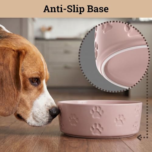 Ceramic Dog Bowl Set of 2 w/ Anti-Skid Base 6.5"W x 2.5"H, 3.8 Cup Capacity | Thick Ceramic, Dishwasher Safe, Anti-Skid Rubber Base, 3.8 Cups per Bowl, Ceramic Food & Water Bowls Set of 2 for Medium Dogs - color: Blush Pink, size: Medium