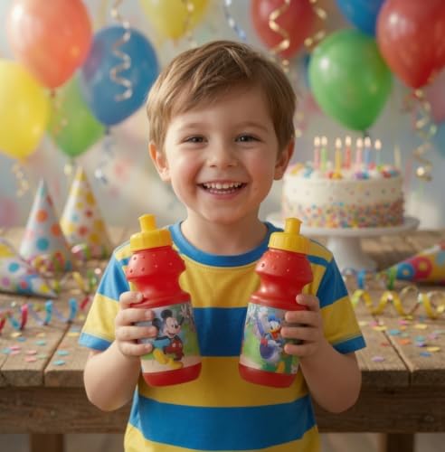 Mickey Mouse Water Bottles for Kids Party Favors School - 12 Pack Bundle | Mickey 11 Oz Bulk Reusable Water Bottles w Pull-Top Lids, Plus Stickers, MORE | Mickey Mouse Birthday Party Supplies for Kids