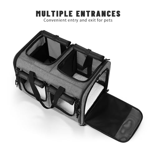 Cat Carrier for 2 Cats, Foldable Double Cat and Dog Carrier, Small to Medium Size, 2 Front Zippered Compartments,Two Pets Carrier for Travel,Mulitple Cat Carrier (Dark Gray with Flat Pocket) - color: Gray+ with Big Pocket