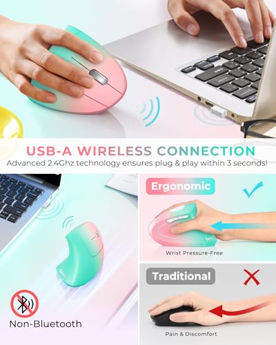 Lekvey Ergonomic Mouse, Rechargeable Wireless Vertical Mouse, Pink Green | USB-C Charging, 2.4G Wireless, 1000/1200/1600 DPI, Quiet Click, 6 Buttons, Carpal Tunnel Mouse, for Laptop, PC, Computer, Mac - color: Pink Green