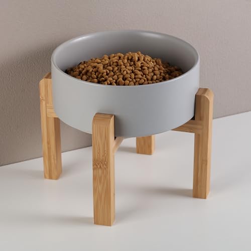 Grey Raised/Elevated Ceramic Dog Bowl for Small Medium Sized Breeds,Dog Food Water Bowl with Stand,6 in Non Slip Heavy Pet Feeding Dish 3.6 Cups/ 850 ml /28 OZ - color: Grey, size: 6 in