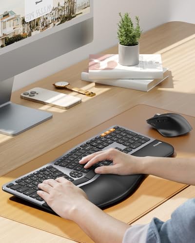 ProtoArc EKM01 Plus Wireless Ergonomic Keyboard Mouse Combo - Gray Black | Full-size Split Keyboard with Cushioned Wrist Rest, Ergonomic Mouse, 3-Device Bluetooth/2.4G, USB-C Rechargeable - color: Gray and Black