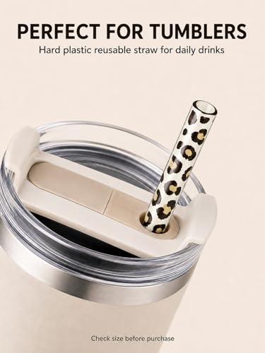 10PCS Set Leopard Straw Cheetah Animal Straws Hard Plastic Reusable Straw and Cleaning Brush Heart Silicone Straw Toppers with Leopard Print Summer Party Supplies (White) - color: White