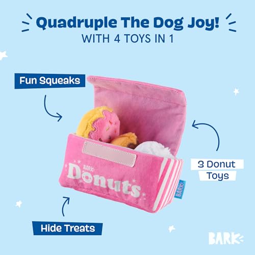 BarkBox Barker's Dozen Donuts 4-in-1 Interactive Plush Dog Toy | Squeaky Dog Toys with Crinkle Box - For Small Dogs and Puppies - color: Donuts