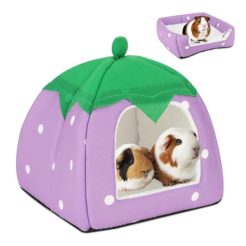 BWOGUE Guinea Pig Bed Hideout, Washable Hamster Cave for Small Animals | Removable Cushion for Cleaning, Warm Fleece Nest, Washable Bed, 10 x 9.8 x 9 in, Dwarf Rabbits Hedgehogs - color: Strawberry Purple