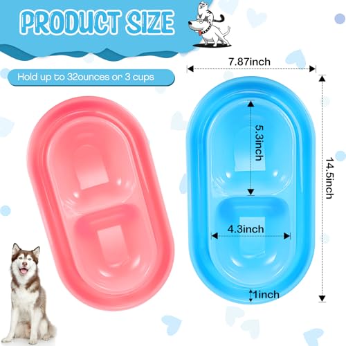 2 Pieces Cat Food Basic Dog Bowls 35oz Plastic Double Pet Food Water Bowls Feeding Bowl Tray Cat Eating and Drinking No Spill for Dogs Pets, Pink and Light Blue - size: 35oz