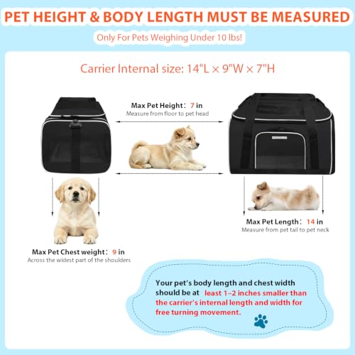 Top and Side Expandable Small Pet Carrier Airline Approved, Black | 17"Lx11"Wx9.5"H, for Alaska Airlines, Pets Under 10 Lbs, Lockable Zippers,Soft-Sided, Anti-Scratch Mesh - color: Black, size: 17.0"L x 11.0"W x 9.5"H