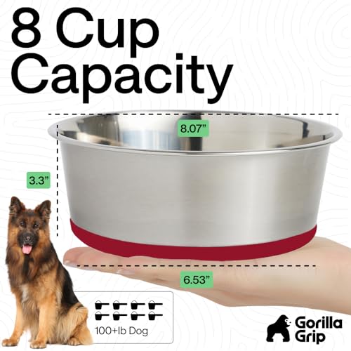 GORILLA GRIP Dog Bowl, Holds 8 Cups (64 fl oz), Food Grade 304 Stainless Steel Food and Water Bowl for Feeding Dogs and Cats, BPA Free Rubber Base, Easy Clean, Dishwasher Safe, Rust Resistant, Red - color: Red, size: 8 Cup (64 Oz)