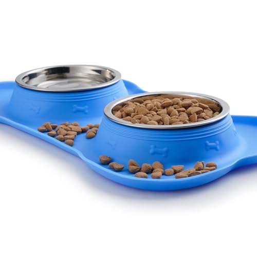 Hubulk Pet Dog Bowls 2 Stainless Steel Dog Bowl with No Spill Non-Skid Silicone Mat + Pet Food Scoop Water and Food Feeder Bowls for Feeding Small Medium Large Dogs Cats Puppies (Small, Blue) - color: Blue, size: Small
