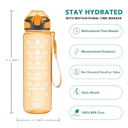 Enerbone 32 oz Water Bottle with Times to Drink and Straw, Motivational Drinking Water Bottles with Carrying Strap, Leakproof BPA & Toxic Free, Ensure You Drink Enough Water for Fitness Gym Outdoor - color: Orange