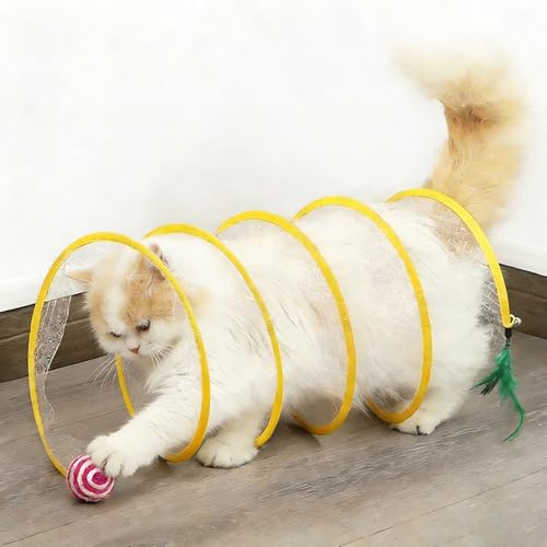 Andiker Cat Tunnel Toy, 10inch Collapsible Metal Cat Spring Toy with Nylon Mesh, Feather, Mouse, and Bell, Interactive Cat Toys for Indoor Cats to Scratch, Puzzle, Relax and Kill Time (Ball) - color: Ball