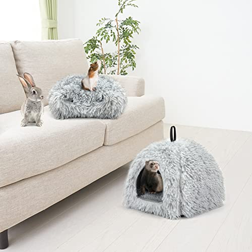 YUEPET Bunny Hideout, Cozy Rabbit Bed House for Small Pets, Grey | Long Plush Guinea Pig Cave Bed, Removable Washable Pad, Non-Slip Base, Warm Rabbit Hideaway for Guinea Pig Ferret