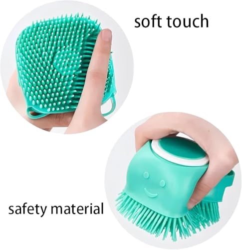 1pc blue pet massage brush and bath brush with soap dispenser design, soft silicone material that won't damage pet hair. Pet grooming tools suitable for various pets such as dogs and cats